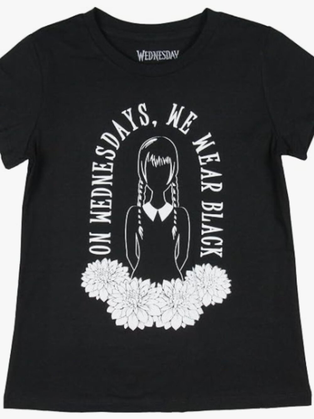 Wednesday Addams Black Graphic Tee - "On Wednesdays, We Wear Black" Size 4/5